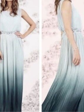 LC Lauren Conrad Sleeveless Ombre Pleated Maxi Dress in Light Blue to Teal